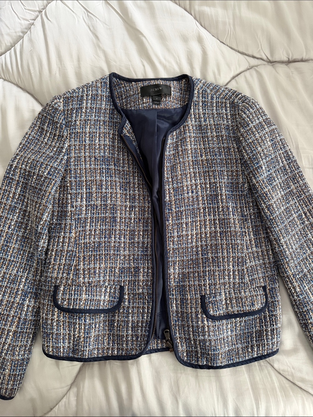 J. Crew Navy and Cream Tweed Collarless Blazer